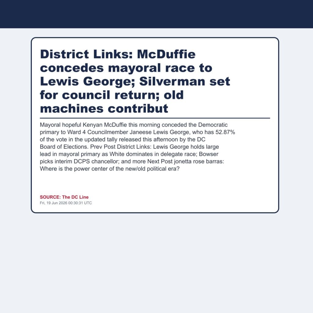 District Links: McDuffie concedes mayoral race to Lewis George; Silverman set for council return; old machines contribut