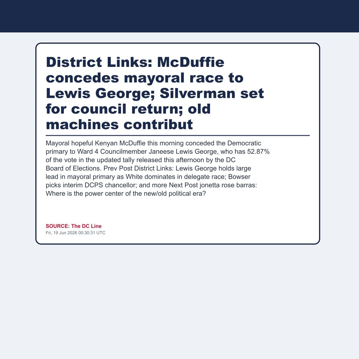 District Links: McDuffie concedes mayoral race to Lewis George; Silverman set for council return; old machines contribut