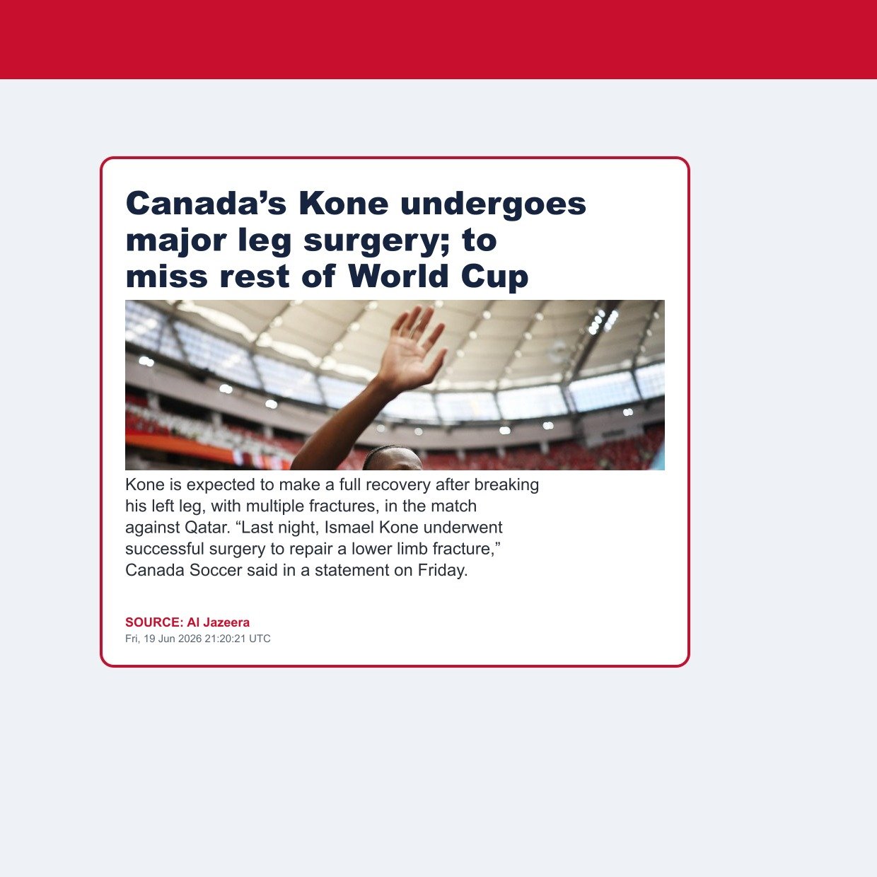 Canada’s Kone undergoes major leg surgery; to miss rest of World Cup