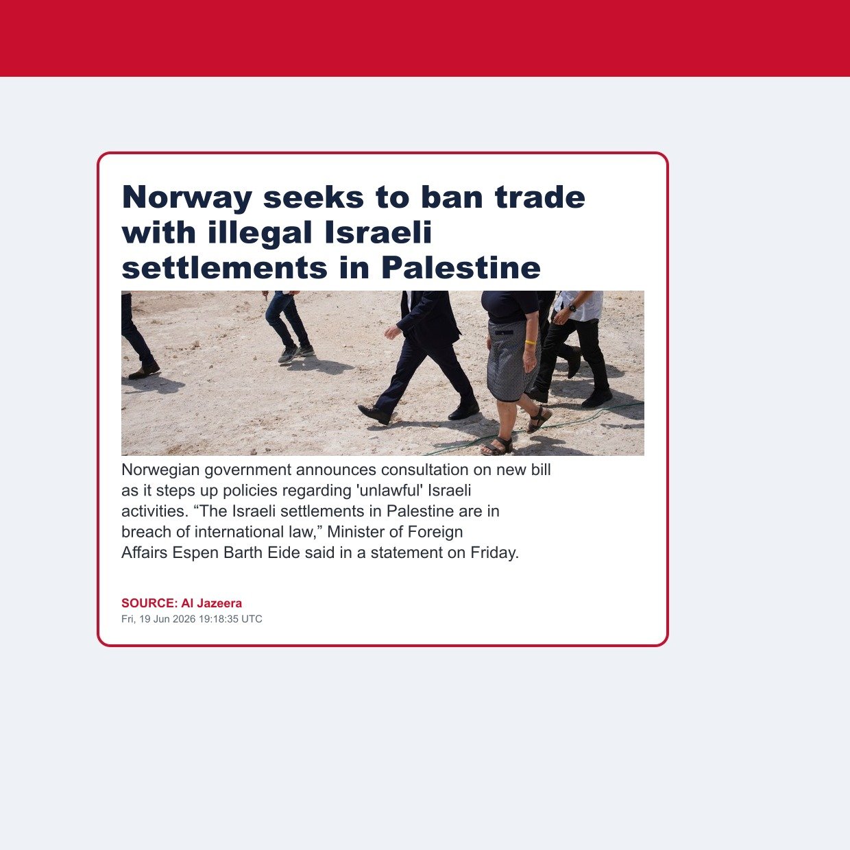 Norway seeks to ban trade with illegal Israeli settlements in Palestine