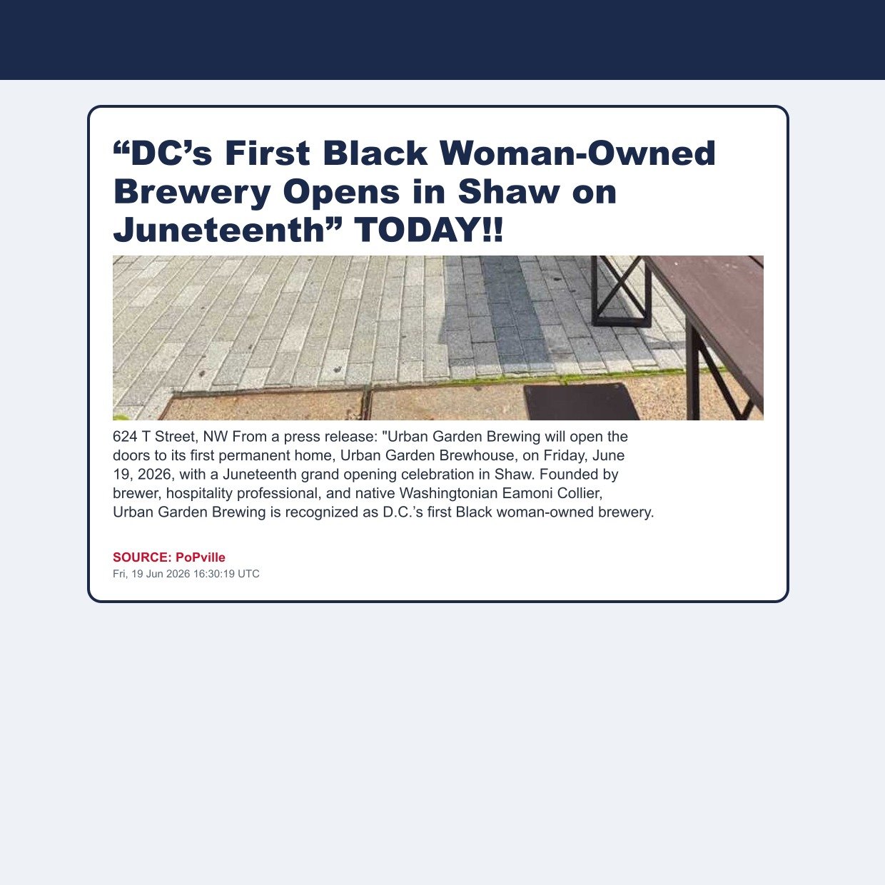 “DC’s First Black Woman-Owned Brewery Opens in Shaw on Juneteenth” TODAY!!