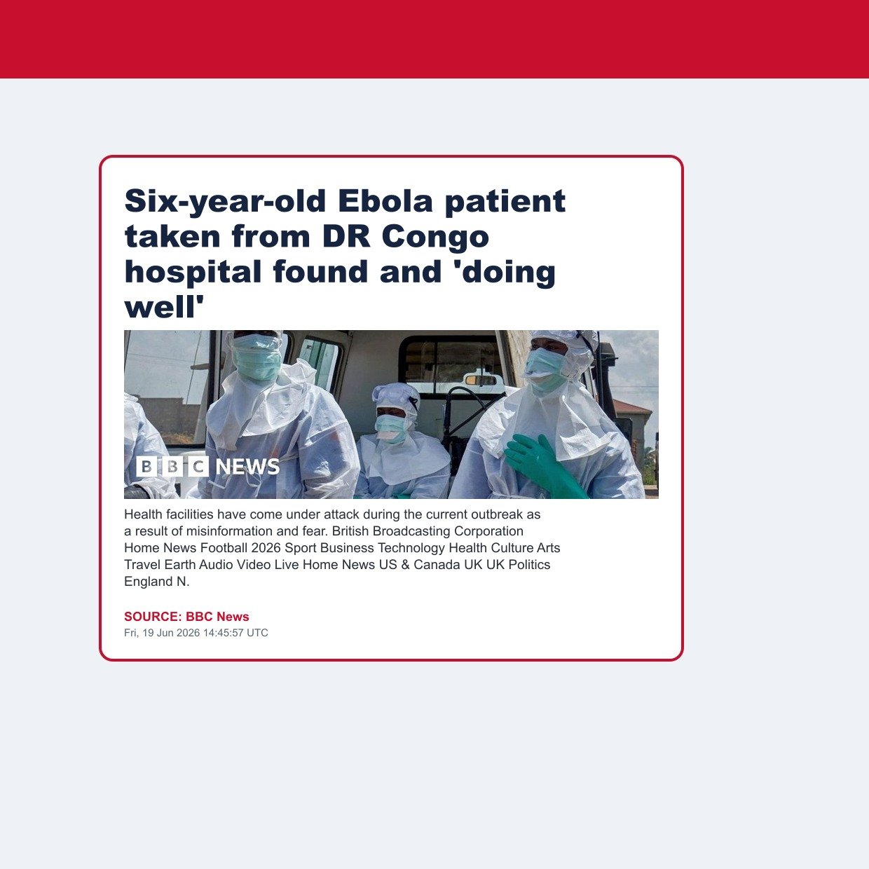 Six-year-old Ebola patient taken from DR Congo hospital found and 'doing well'