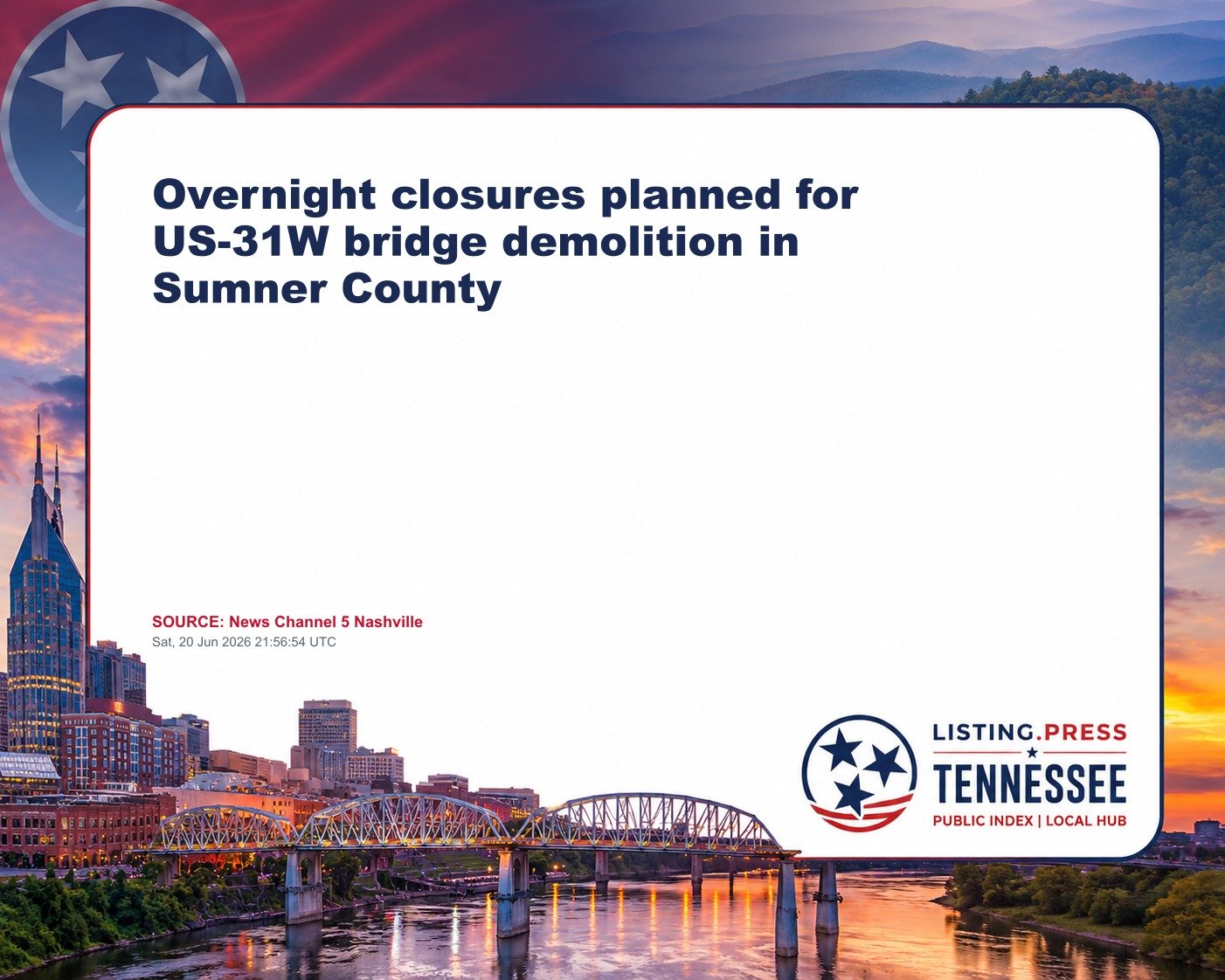 Overnight closures planned for US-31W bridge demolition in Sumner County