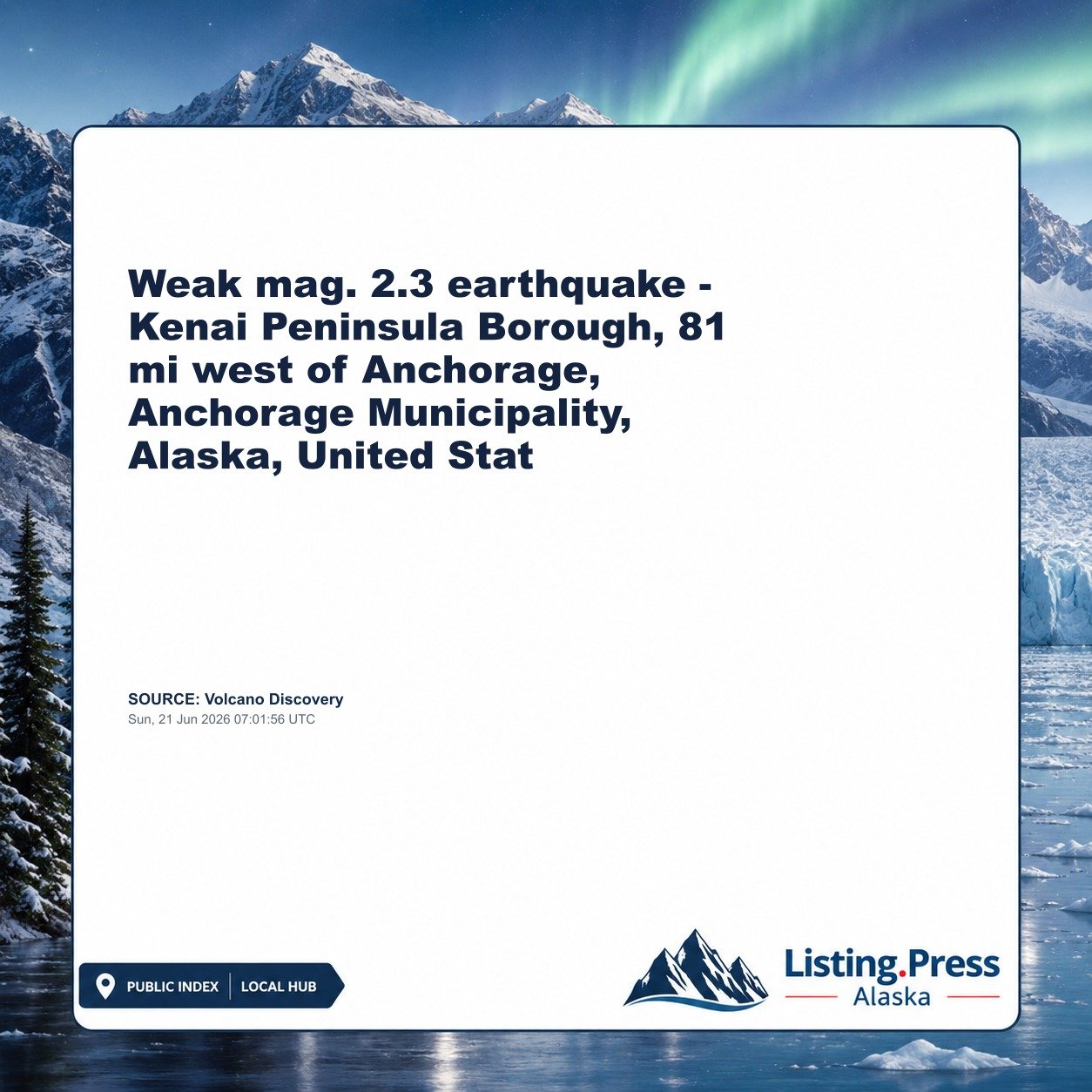 Weak mag. 2.3 earthquake - Kenai Peninsula Borough, 81 mi west of Anchorage, Anchorage Municipality, Alaska, United Stat