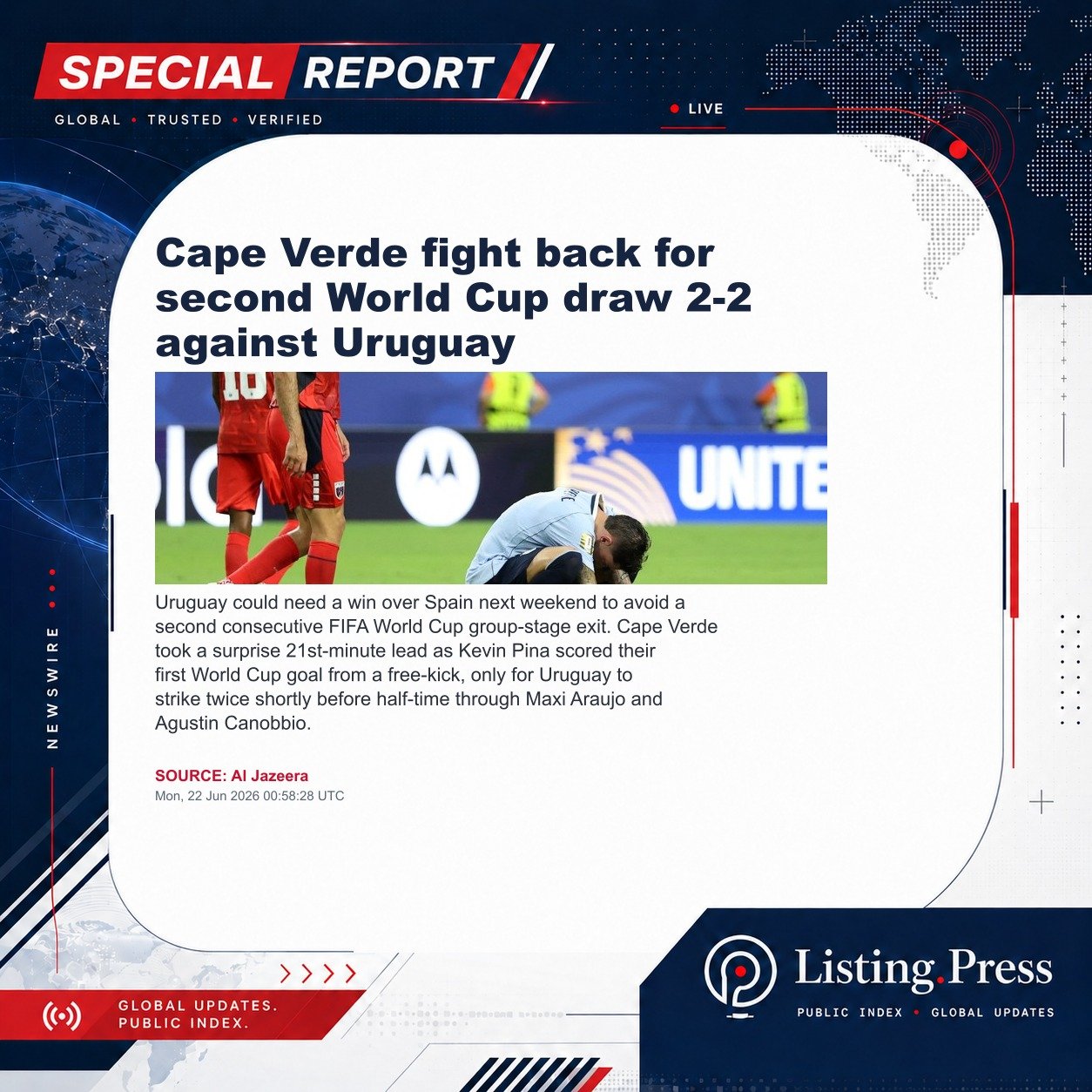 Cape Verde fight back for second World Cup draw 2-2 against Uruguay
