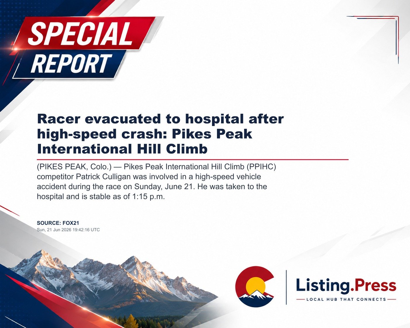 Racer evacuated to hospital after high-speed crash: Pikes Peak International Hill Climb