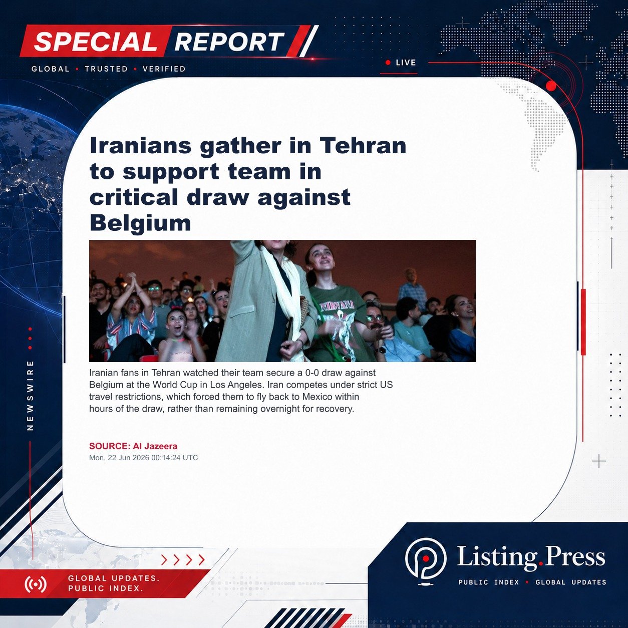 Iranians gather in Tehran to support team in critical draw against Belgium