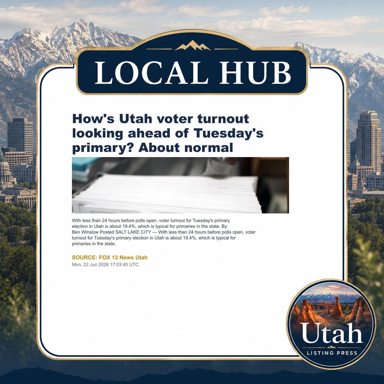 How's Utah voter turnout looking ahead of Tuesday's primary? About normal