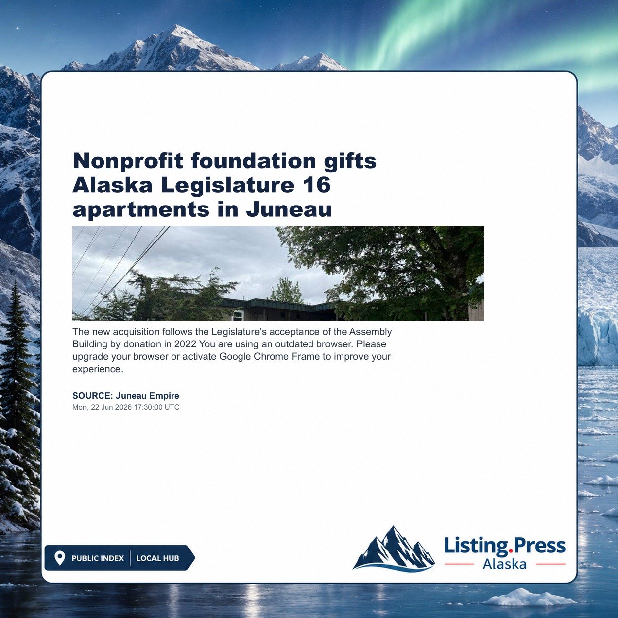 Nonprofit foundation gifts Alaska Legislature 16 apartments in Juneau