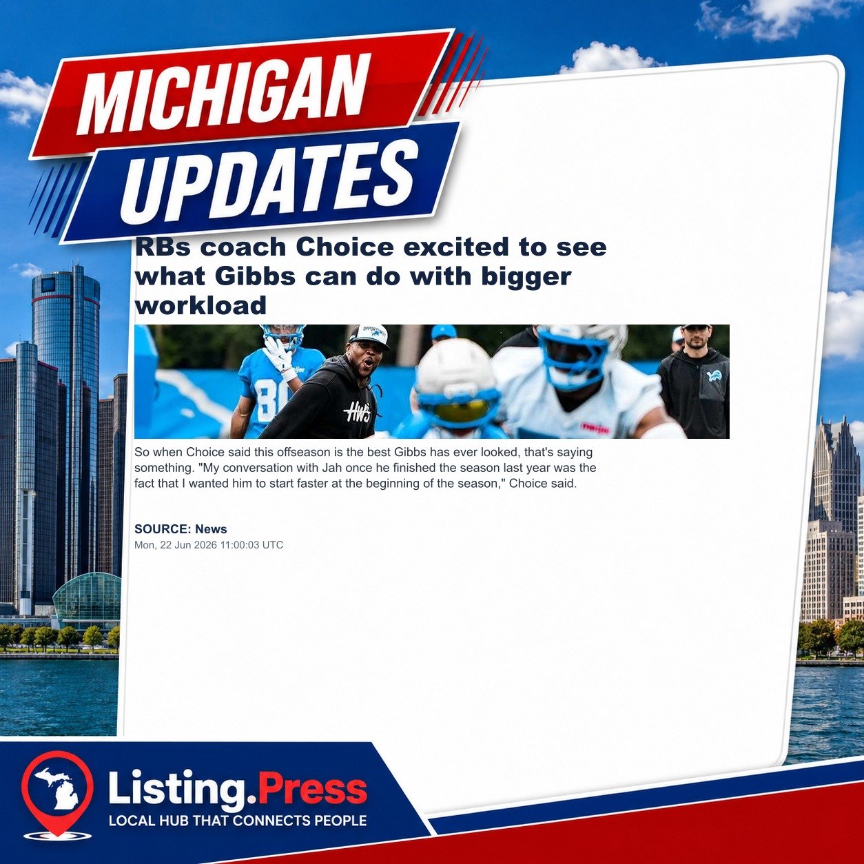 RBs coach Choice excited to see what Gibbs can do with bigger workload