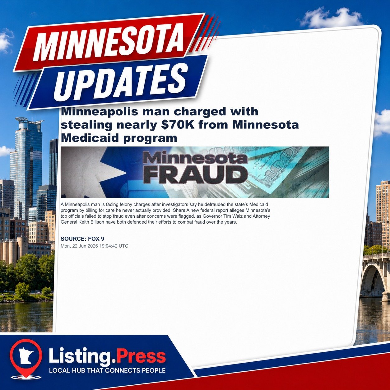 Minneapolis man charged with stealing nearly $70K from Minnesota Medicaid program