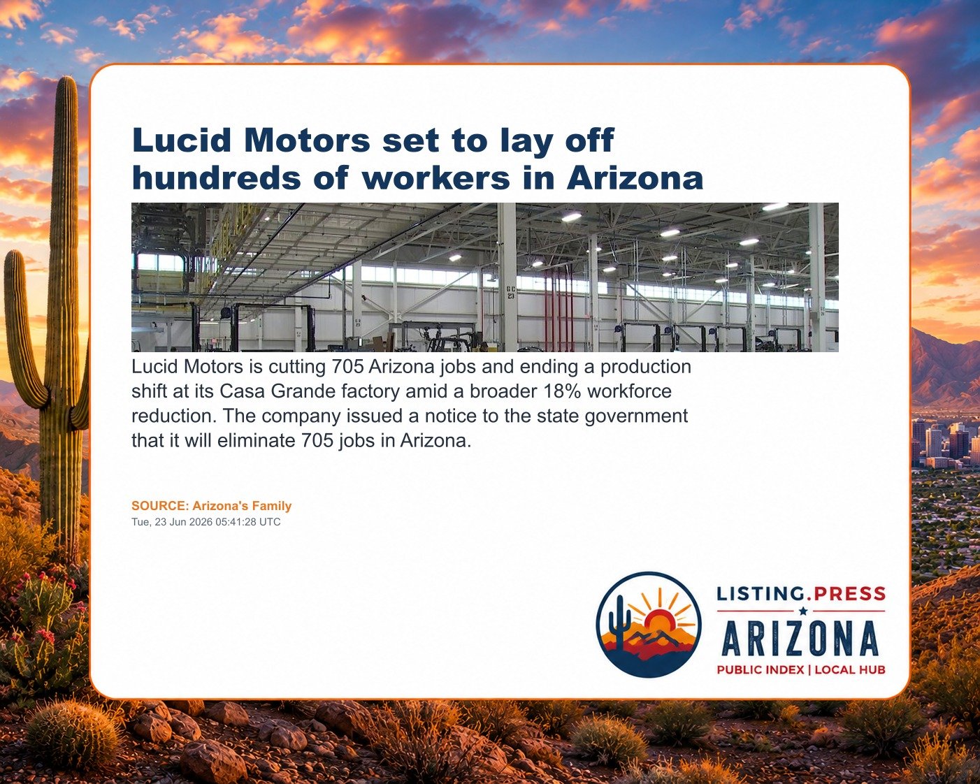Lucid Motors set to lay off hundreds of workers in Arizona