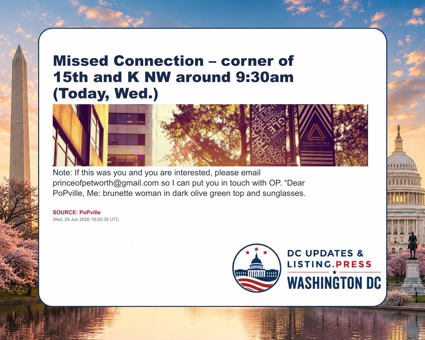 Missed Connection – corner of 15th and K NW around 9:30am (Today, Wed.)