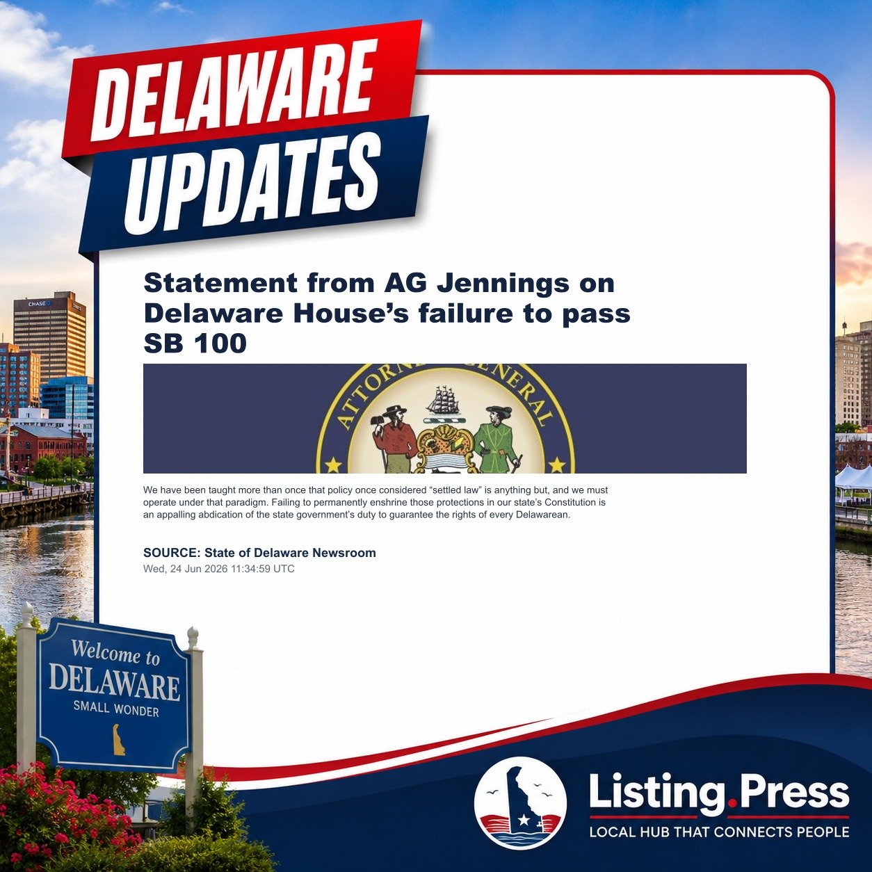 Statement from AG Jennings on Delaware House’s failure to pass SB 100