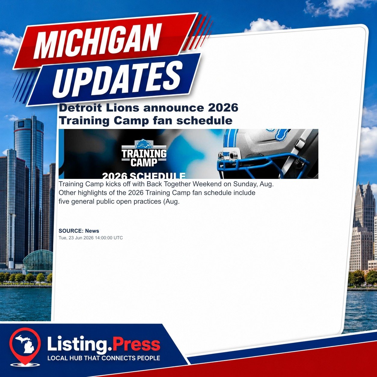 Detroit Lions announce 2026 Training Camp fan schedule