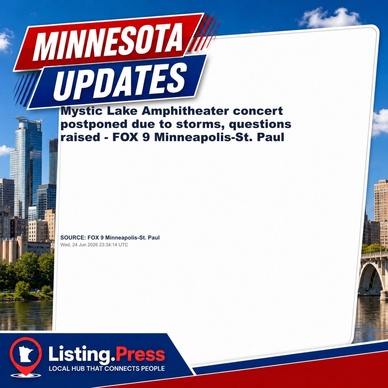 Mystic Lake Amphitheater concert postponed due to storms, questions raised - FOX 9 Minneapolis-St. Paul