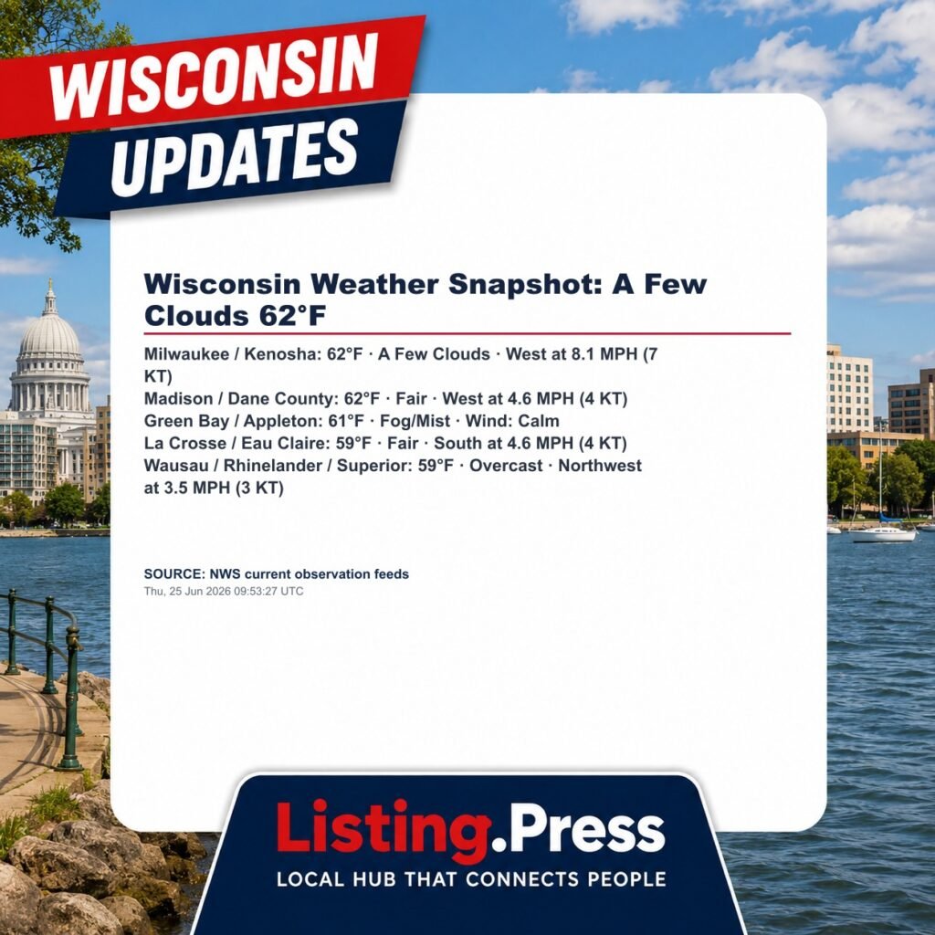 Wisconsin Weather Snapshot: A Few Clouds 62°F