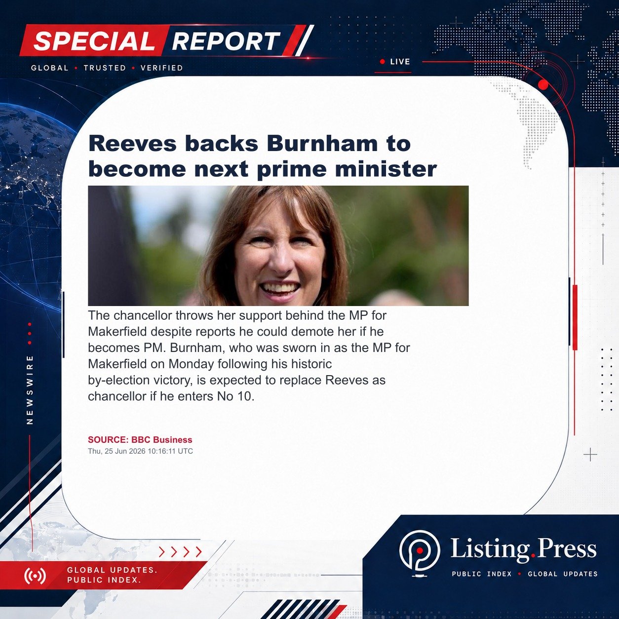 Reeves backs Burnham to become next prime minister