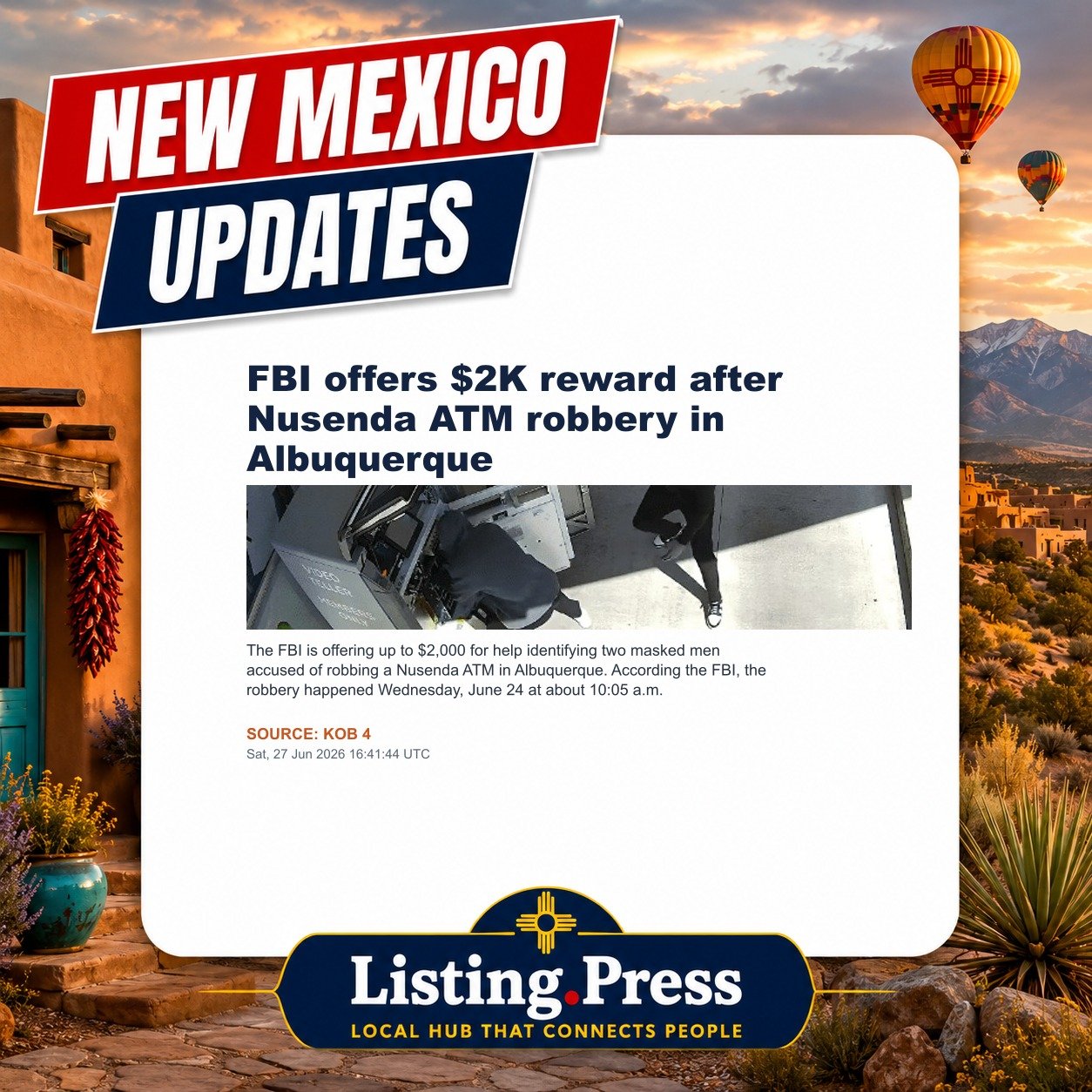 FBI offers $2K reward after Nusenda ATM robbery in Albuquerque