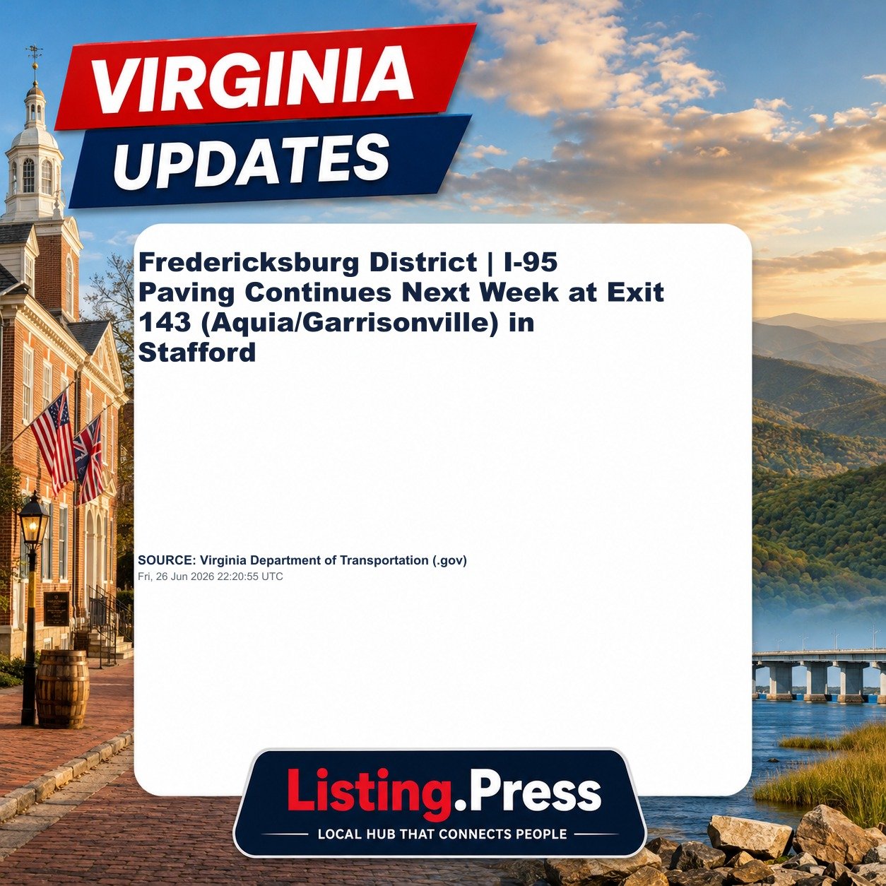 Fredericksburg District | I-95 Paving Continues Next Week at Exit 143 (Aquia/Garrisonville) in Stafford