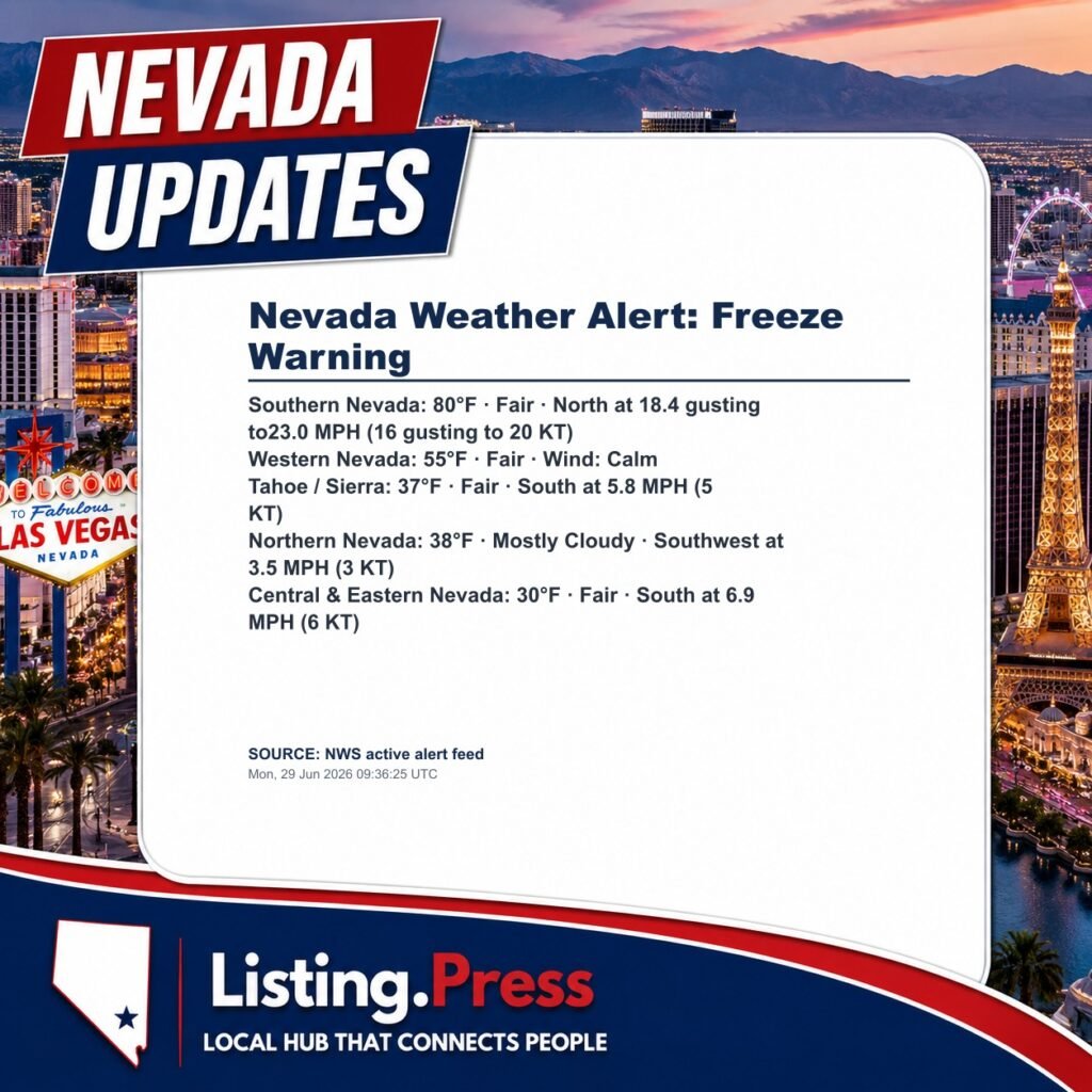 Nevada Weather Alert: Freeze Warning