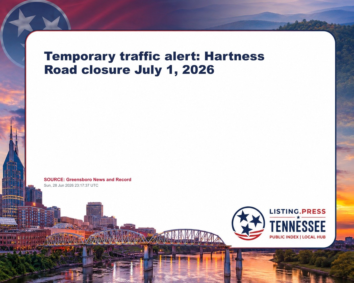 Temporary traffic alert: Hartness Road closure July 1, 2026