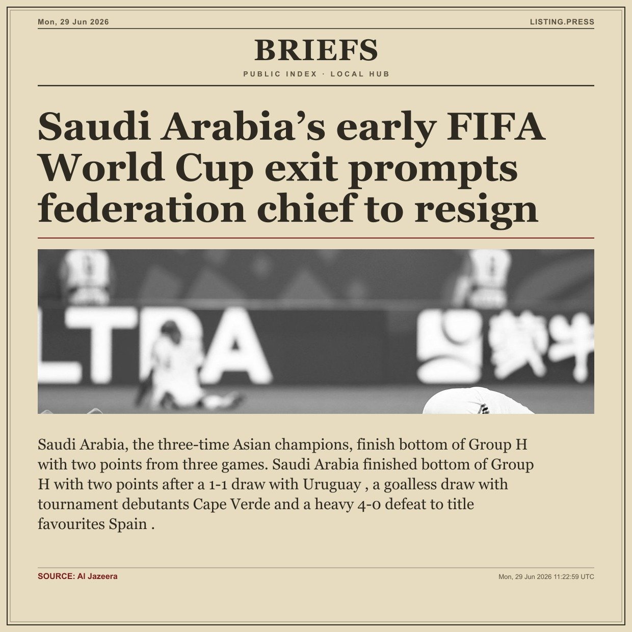 Saudi Arabia’s early FIFA World Cup exit prompts federation chief to resign