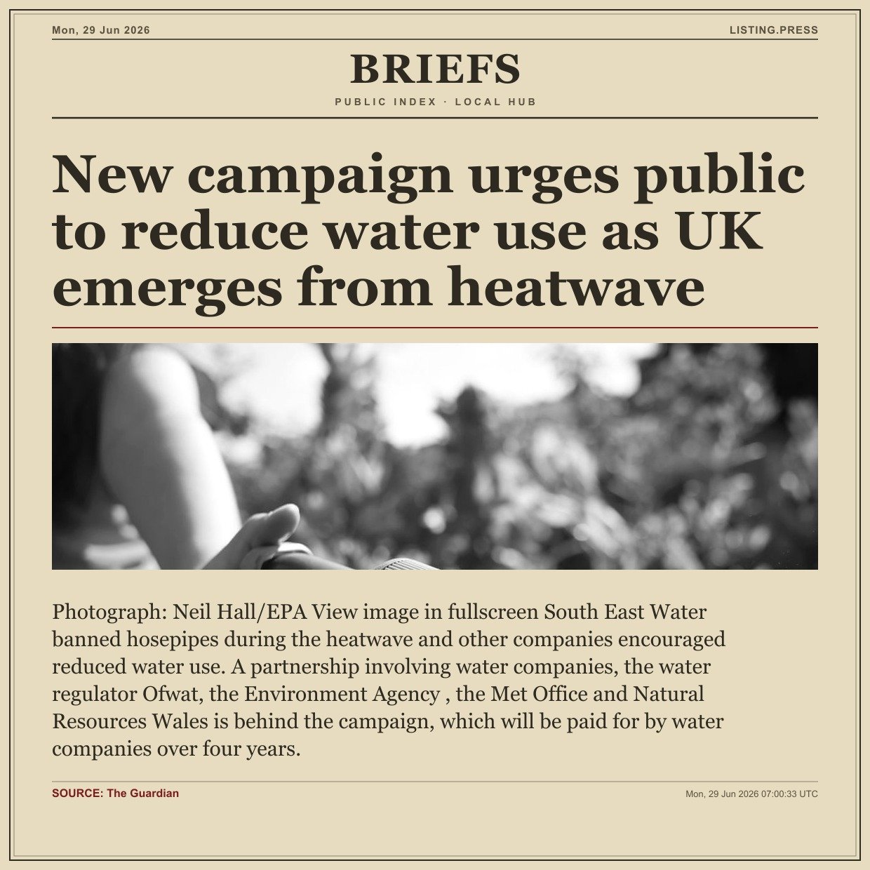 New campaign urges public to reduce water use as UK emerges from heatwave