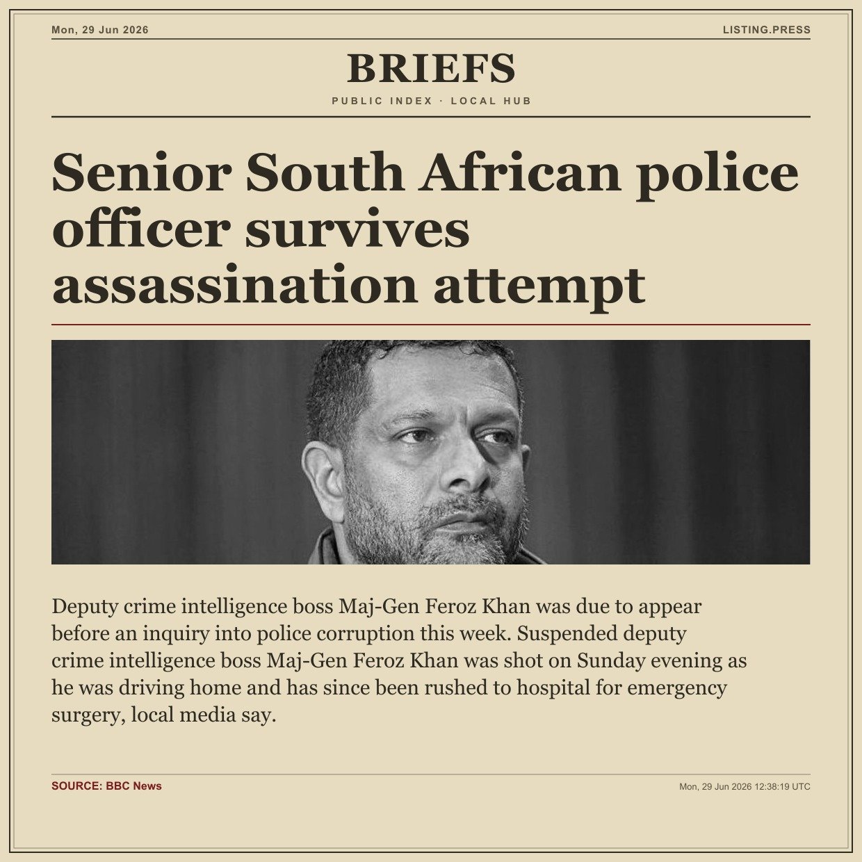 Senior South African police officer survives assassination attempt