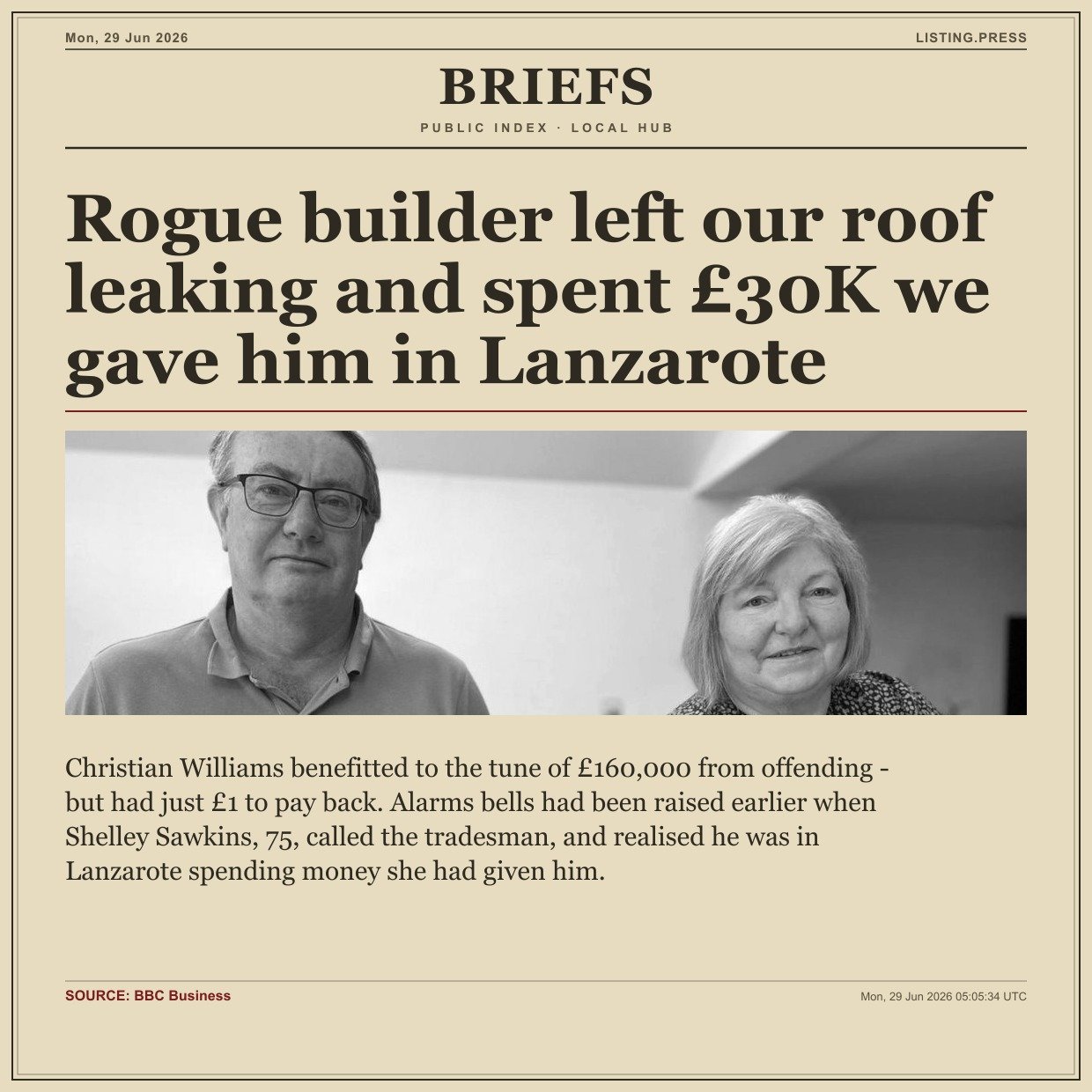 Rogue builder left our roof leaking and spent £30K we gave him in Lanzarote