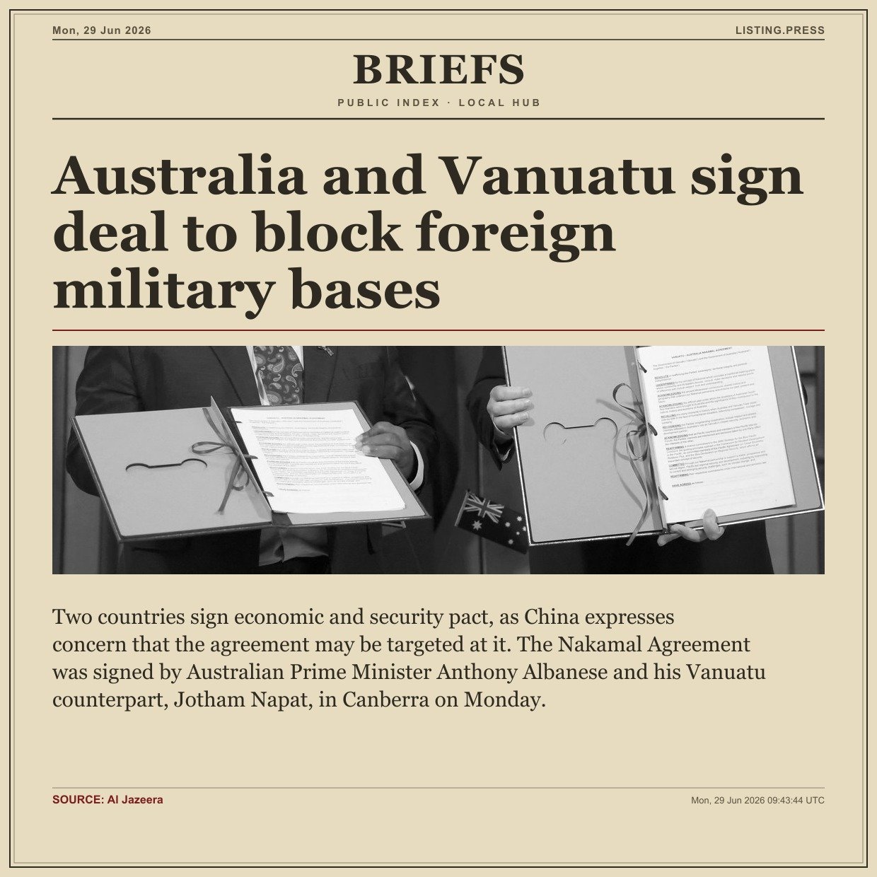 Australia and Vanuatu sign deal to block foreign military bases
