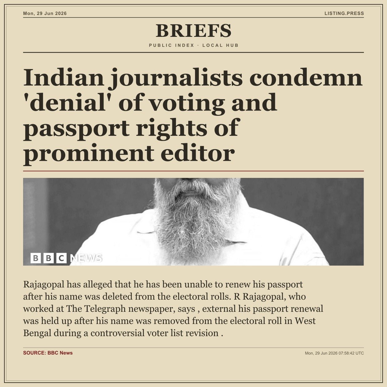 Indian journalists condemn 'denial' of voting and passport rights of prominent editor