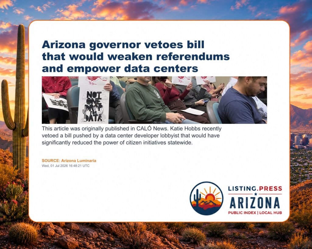 Arizona governor vetoes bill that would weaken referendums and empower data centers