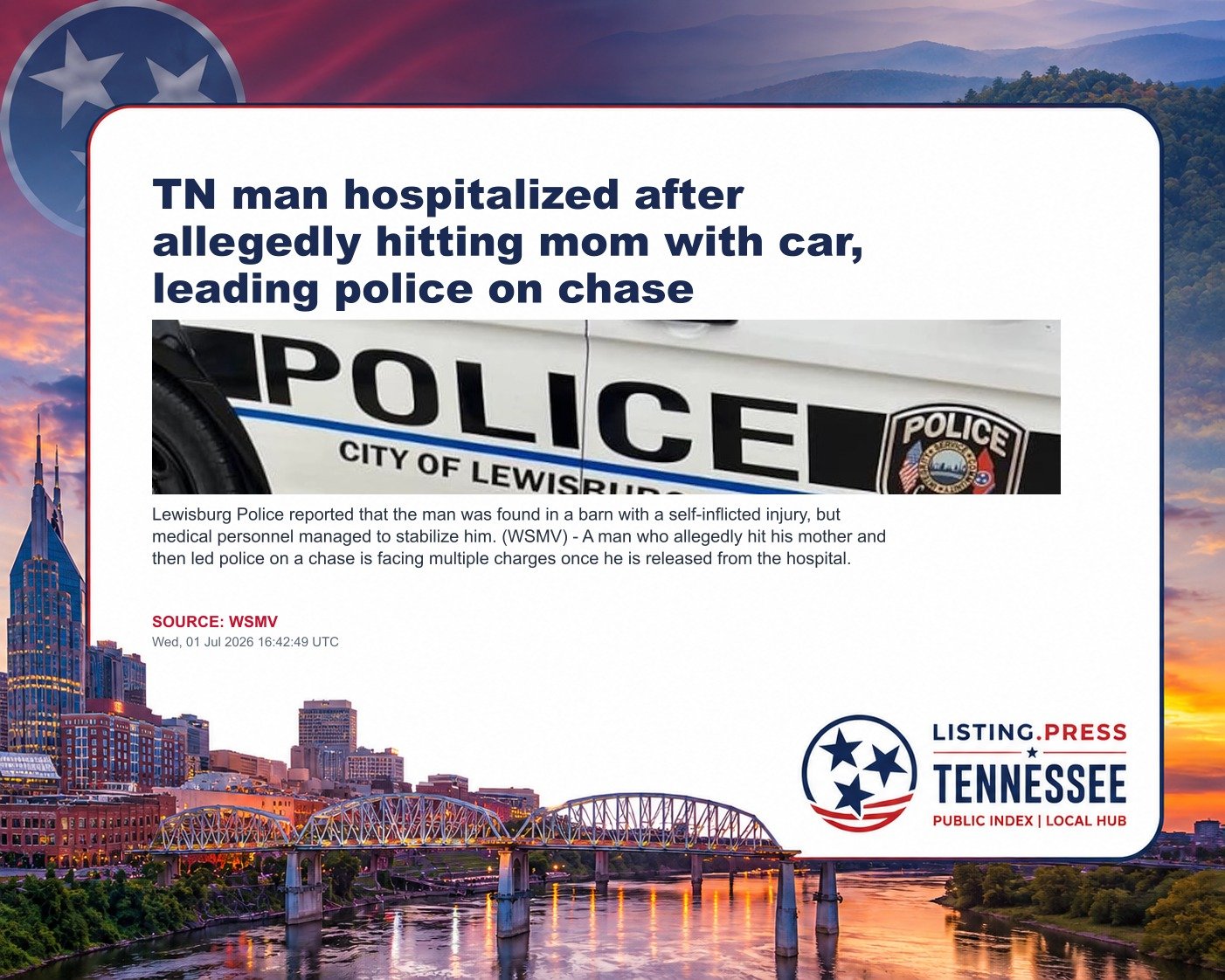 TN man hospitalized after allegedly hitting mom with car, leading police on chase
