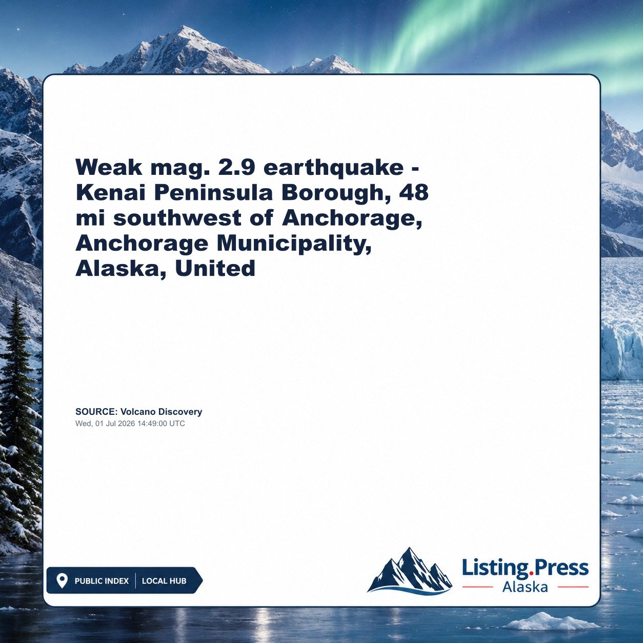 Weak mag. 2.9 earthquake - Kenai Peninsula Borough, 48 mi southwest of Anchorage, Anchorage Municipality, Alaska, United