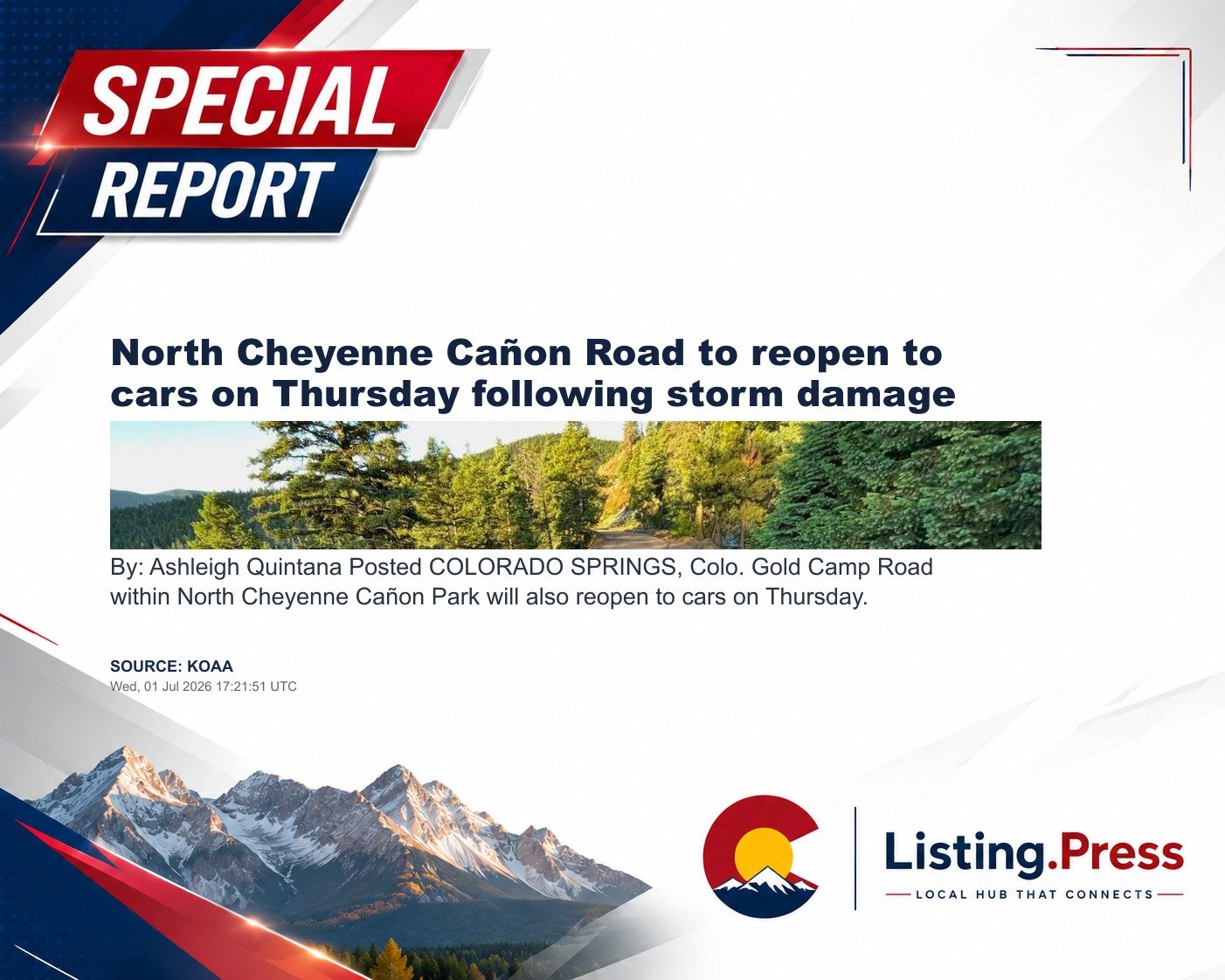 North Cheyenne Cañon Road to reopen to cars on Thursday following storm damage