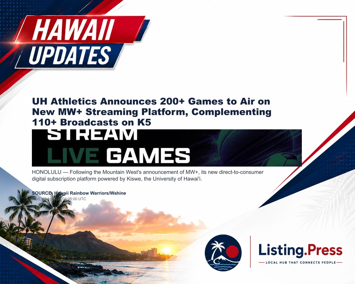 UH Athletics Announces 200+ Games to Air on New MW+ Streaming Platform, Complementing 110+ Broadcasts on K5