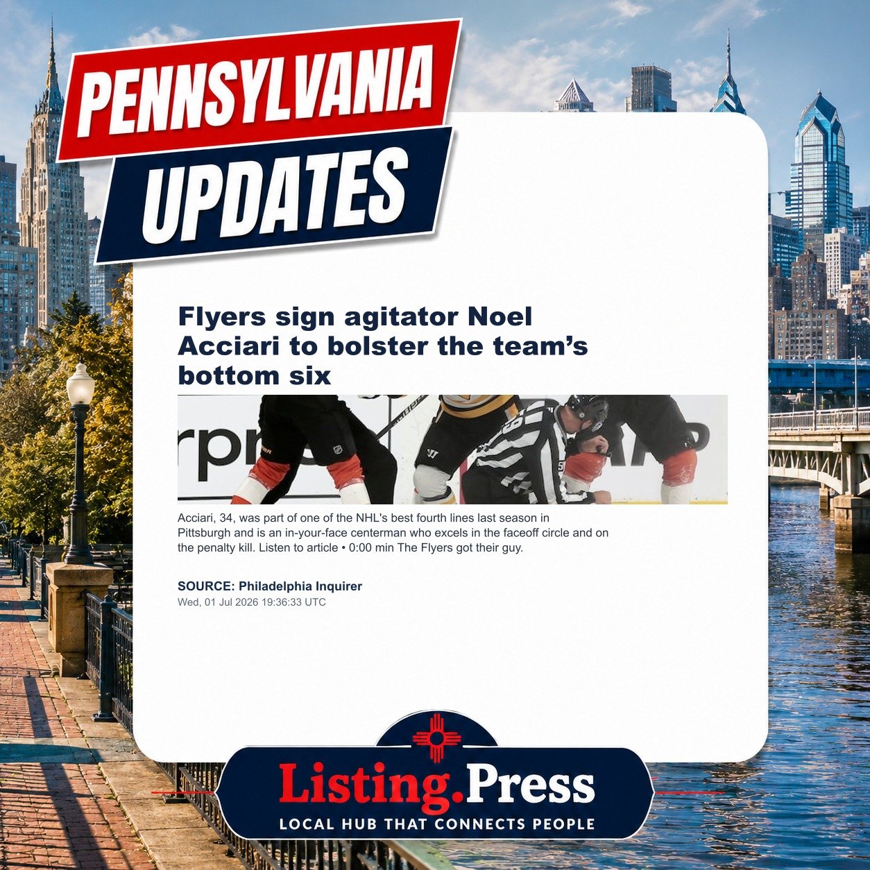 Flyers sign agitator Noel Acciari to bolster the team’s bottom six