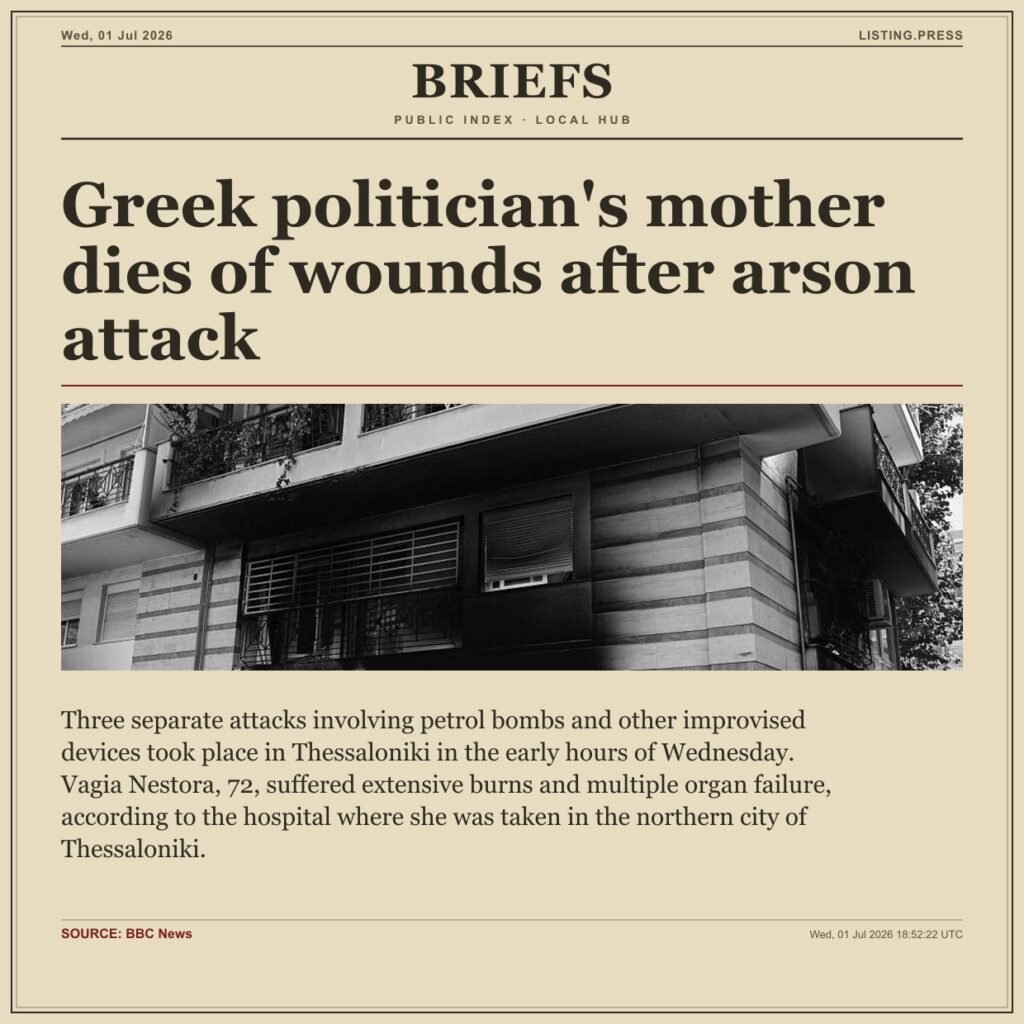 Greek politician’s mother dies of wounds after arson attack