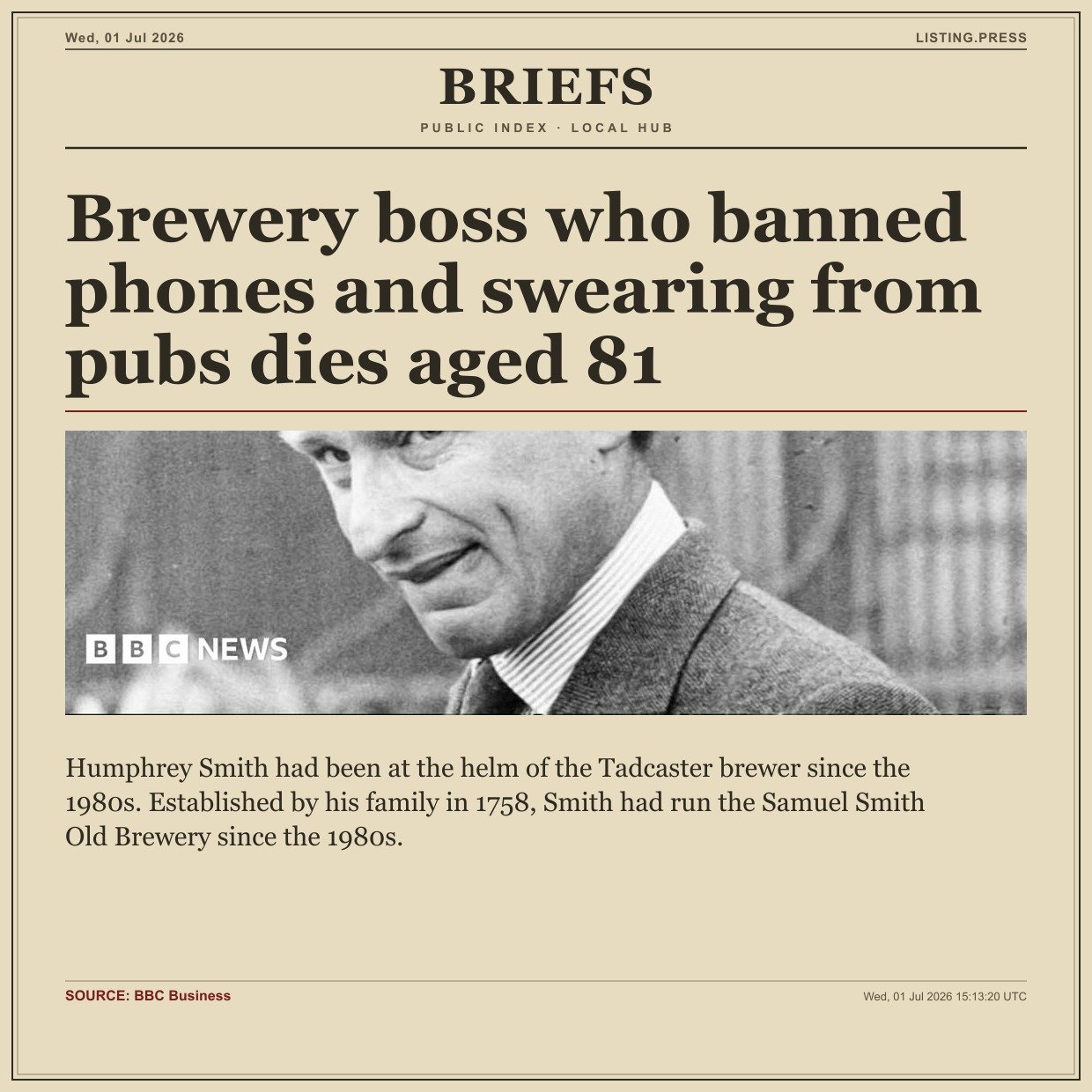 Brewery boss who banned phones and swearing from pubs dies aged 81