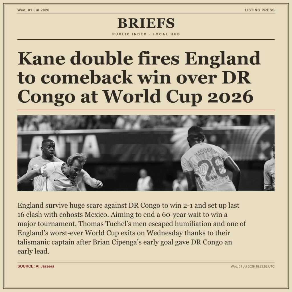 Kane double fires England to comeback win over DR Congo at World Cup 2026