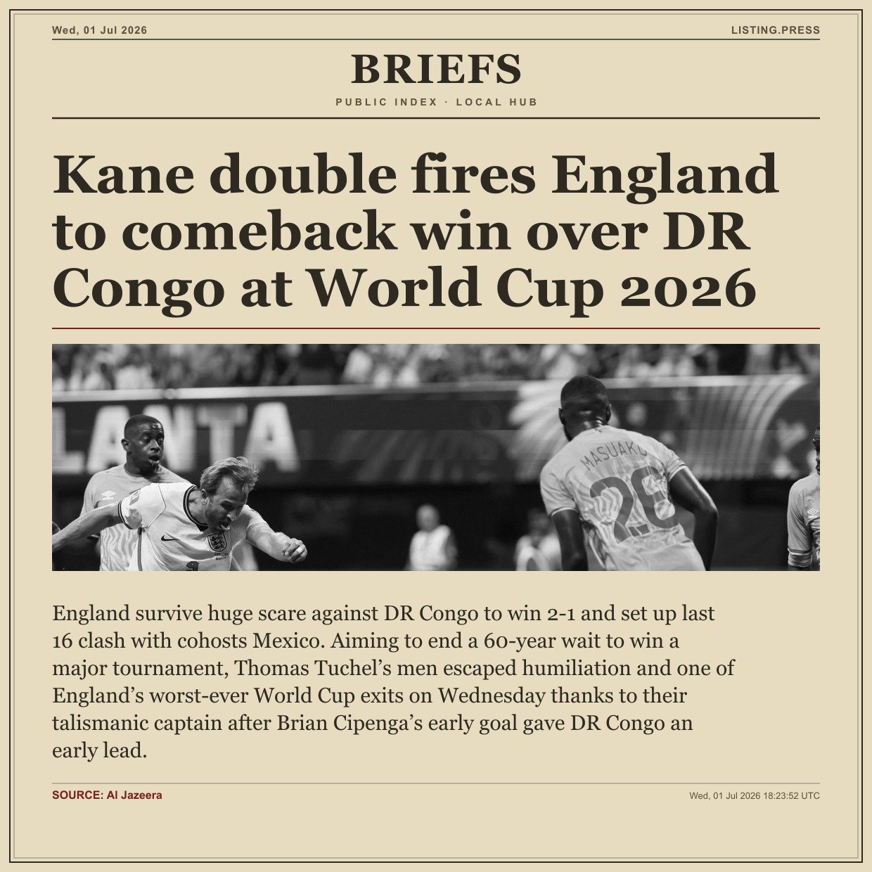 Kane double fires England to comeback win over DR Congo at World Cup 2026