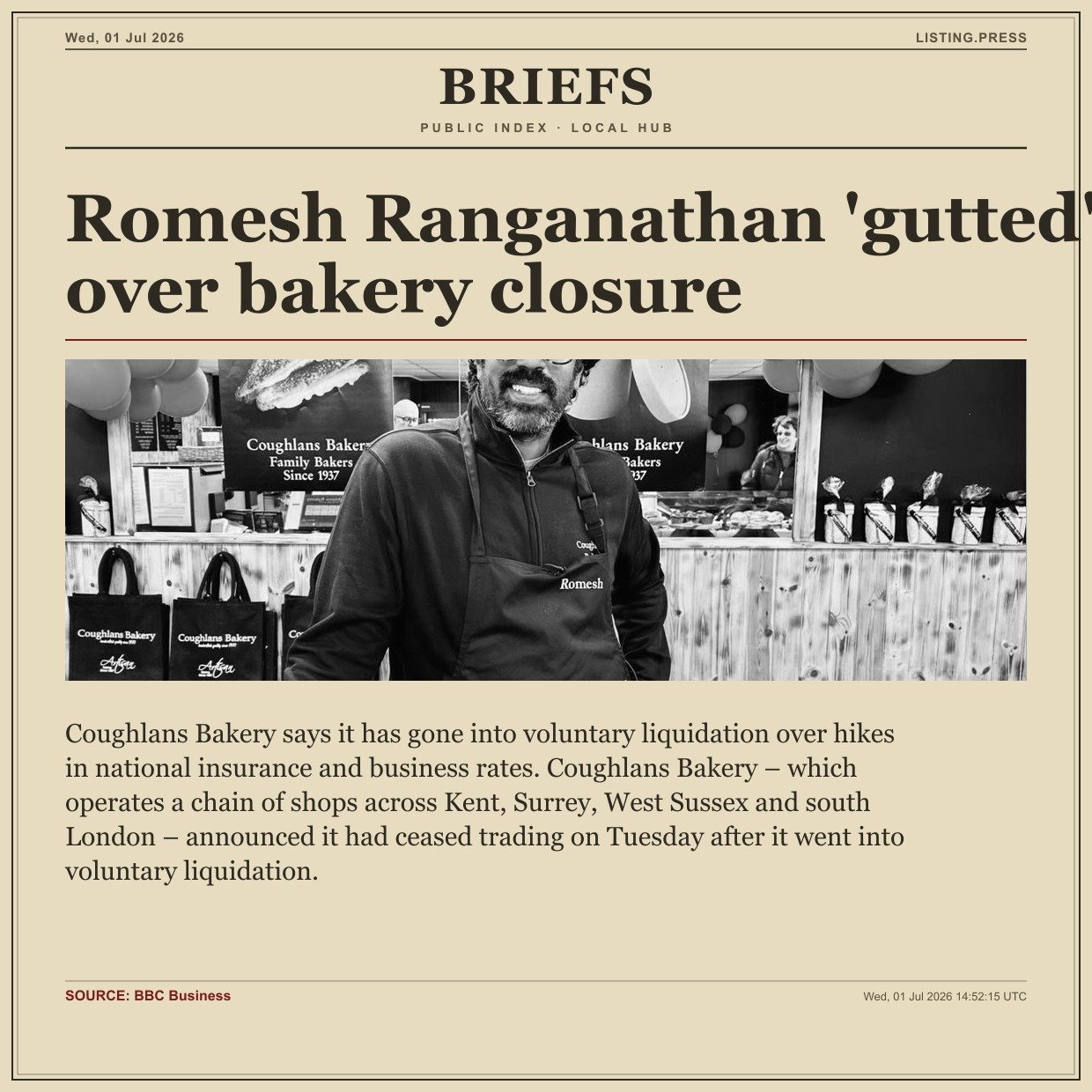 Romesh Ranganathan 'gutted' over bakery closure