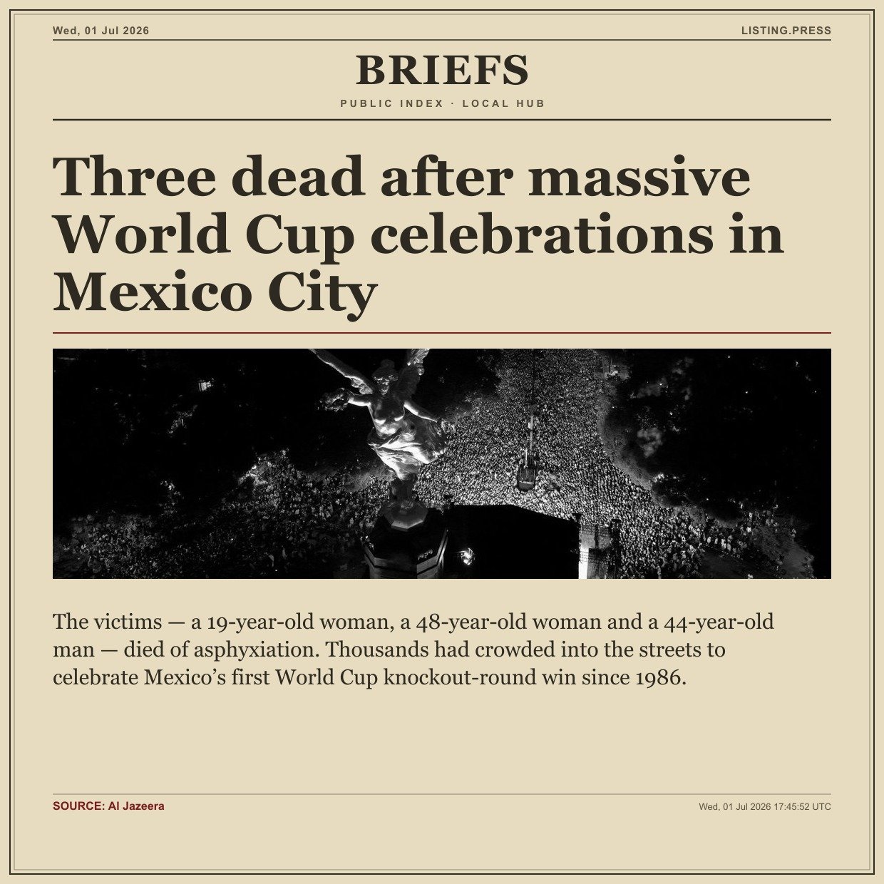 Three dead after massive World Cup celebrations in Mexico City