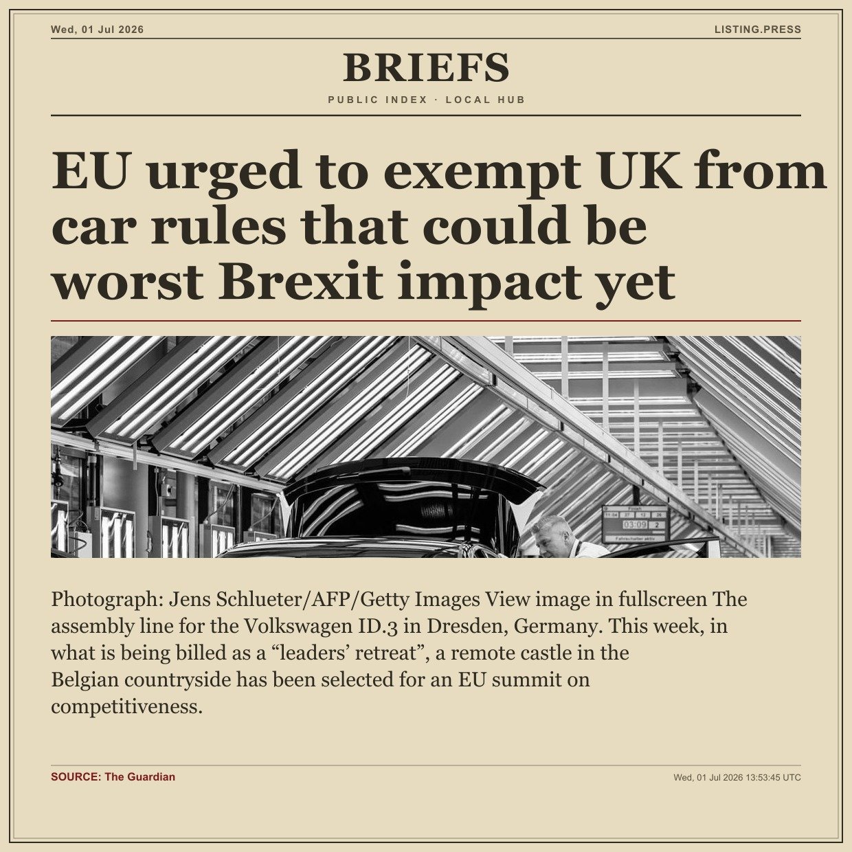 EU urged to exempt UK from car rules that could be worst Brexit impact yet