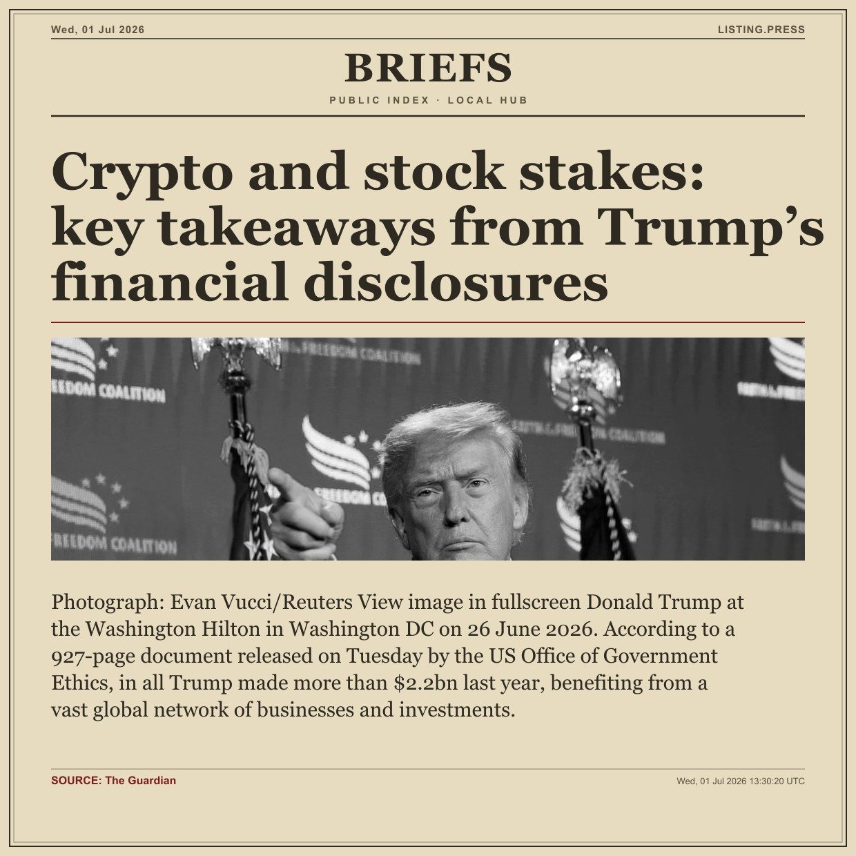 Crypto and stock stakes: key takeaways from Trump’s financial disclosures