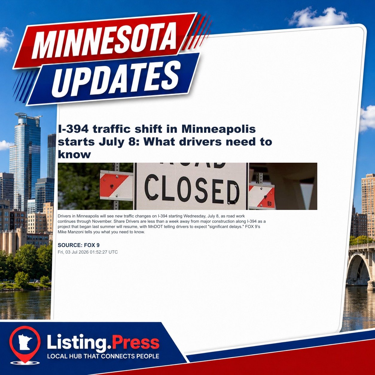 I-394 traffic shift in Minneapolis starts July 8: What drivers need to know