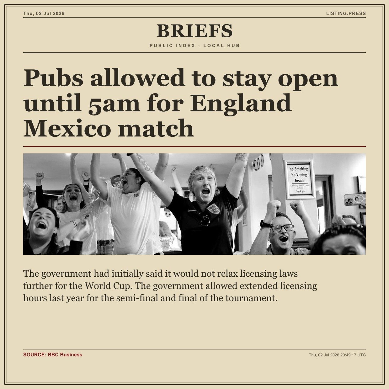 Pubs allowed to stay open until 5am for England Mexico match