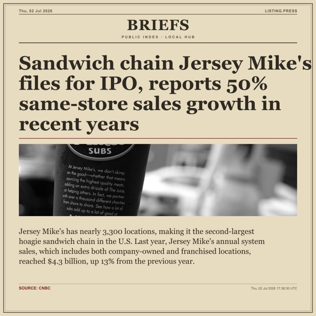 Sandwich chain Jersey Mike’s files for IPO, reports 50% same-store sales growth in recent years