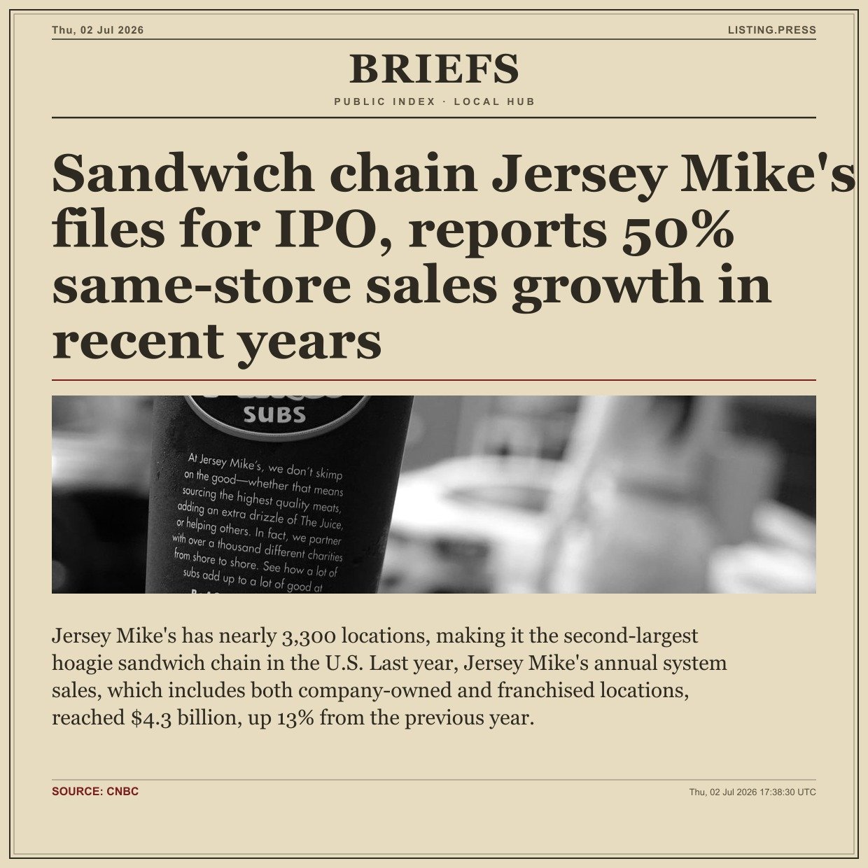 Sandwich chain Jersey Mike's files for IPO, reports 50% same-store sales growth in recent years